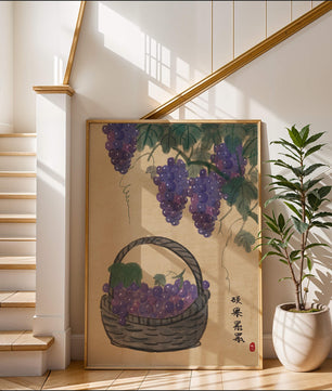 Basket Of Grapes With Vine Leaves In Traditional Style
