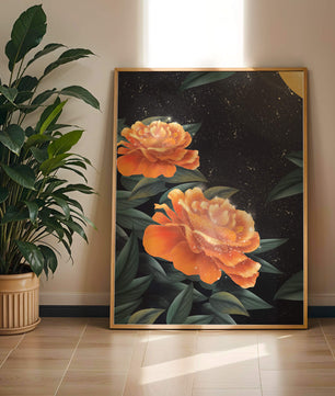 Fantasía floral elegante con flores naranjas vibrantes y un brillo dorado