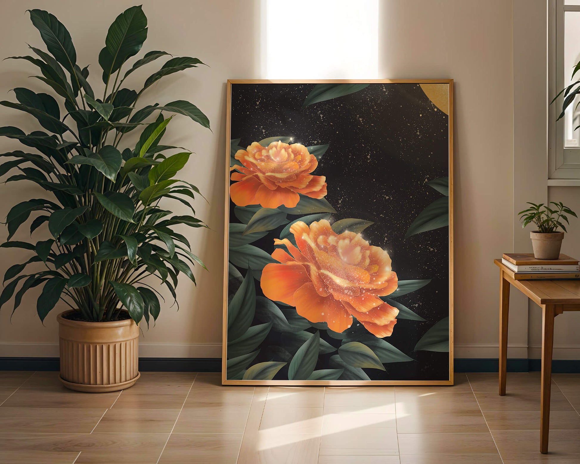 Fantasía floral elegante con flores naranjas vibrantes y un brillo dorado