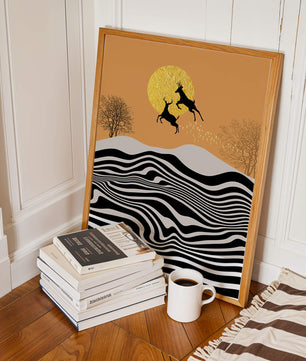 Abstract landscape with jumping deer and golden sun