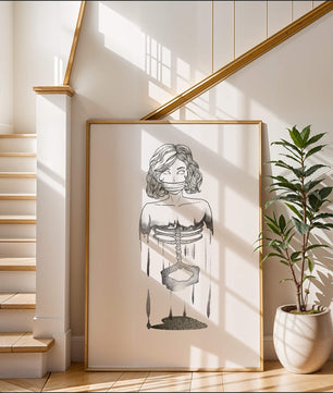 Surreal illustration of a woman with abstract ribcage and melting effect