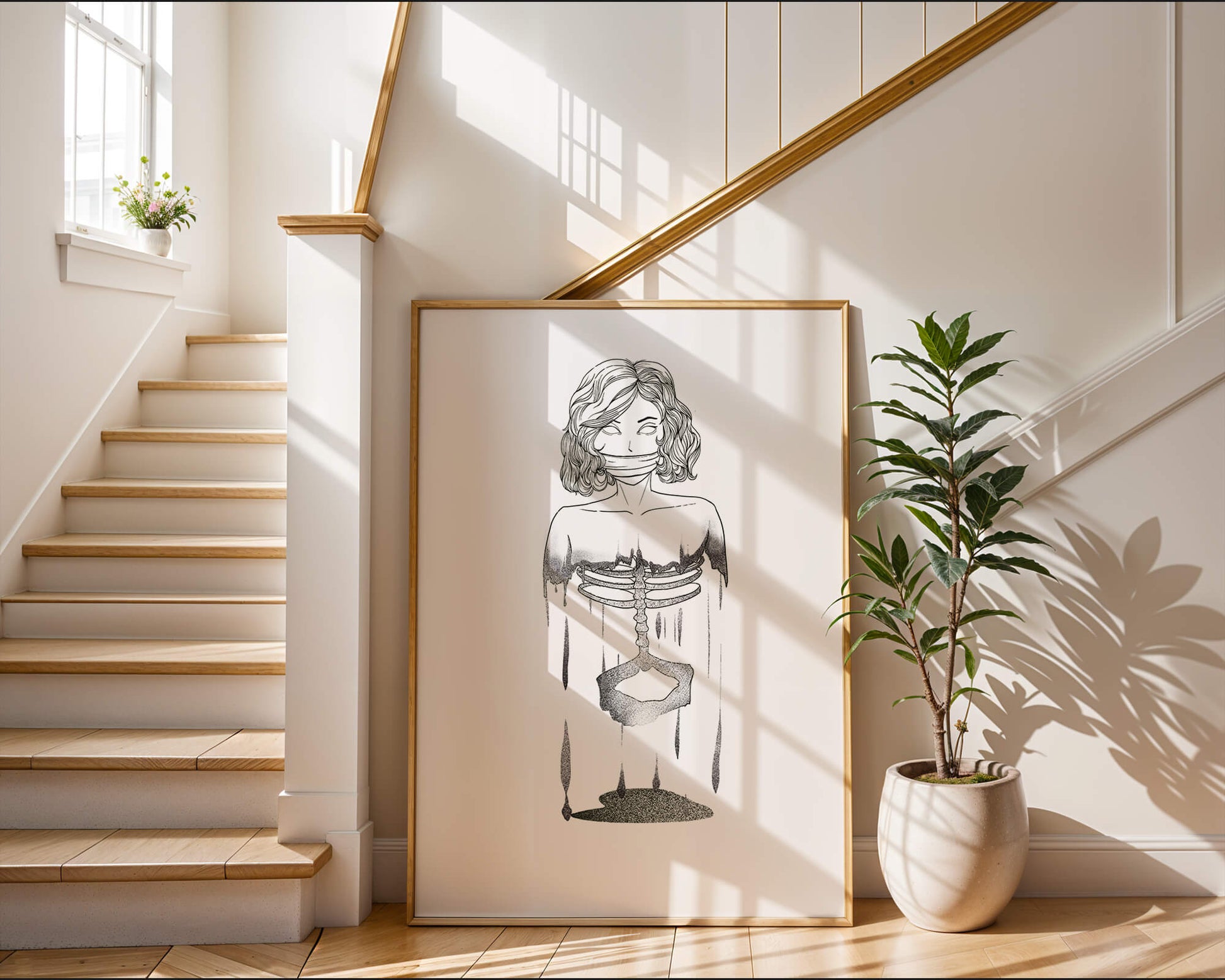 Surreal illustration of a woman with abstract ribcage and melting effect