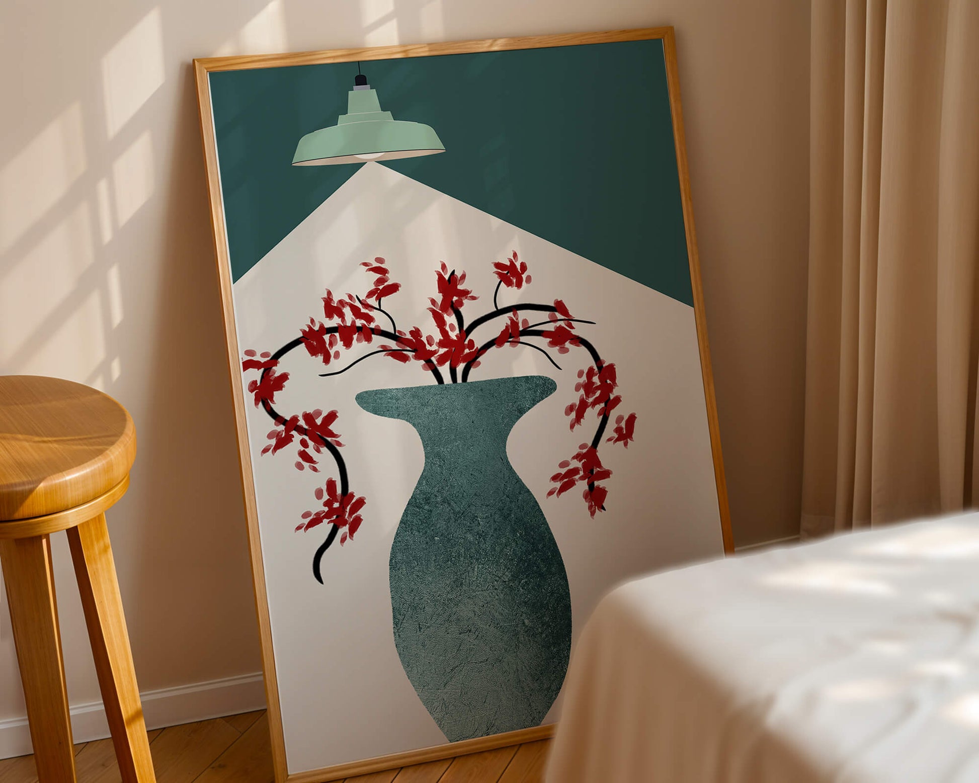 Modern Minimalist Vase with Red Flowers Under Green Lamp
