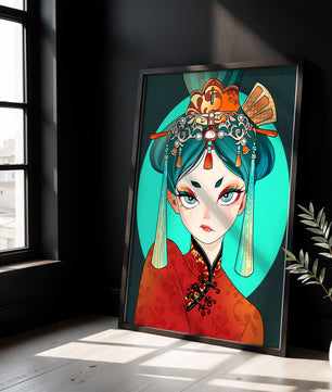 Elegant illustration of a woman in traditional attire with intricate headpiece