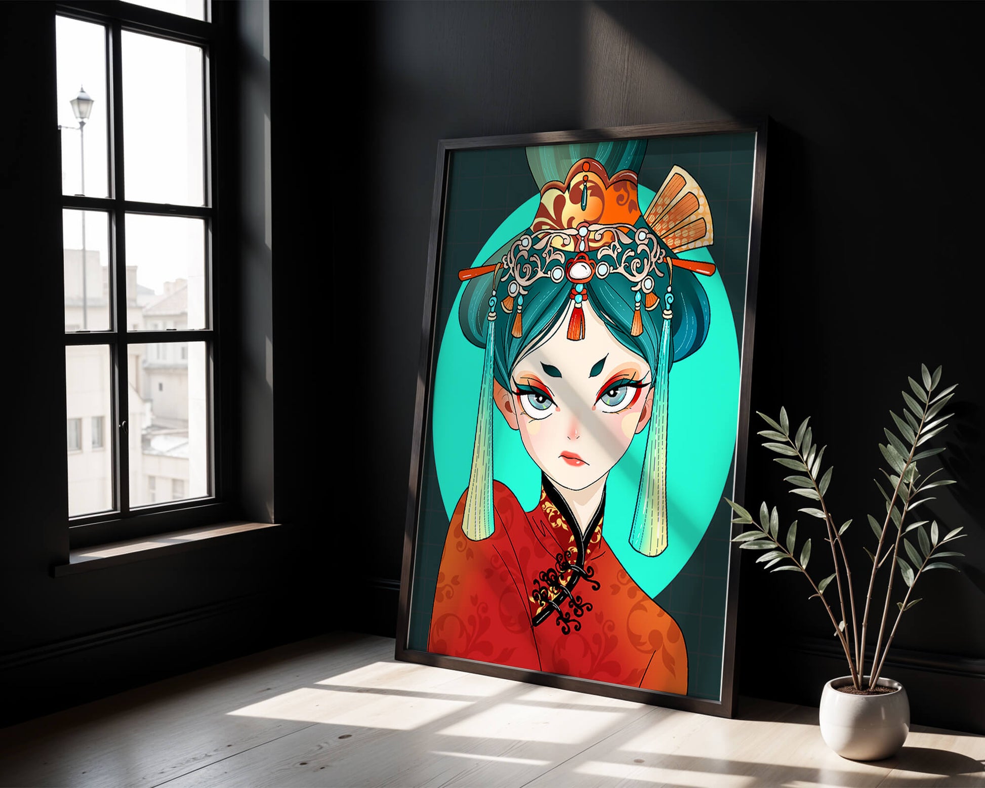 Elegant illustration of a woman in traditional attire with intricate headpiece