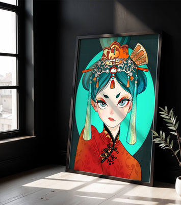 Elegant illustration of a woman in traditional attire with intricate headpiece