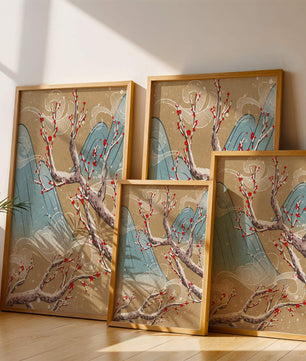 Traditional Japanese landscape with blooming cherry branches