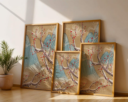 Traditional Japanese landscape with blooming cherry branches