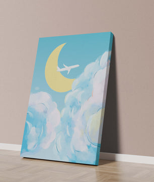 Ilustración de cielo panorámico con avión y luna creciente