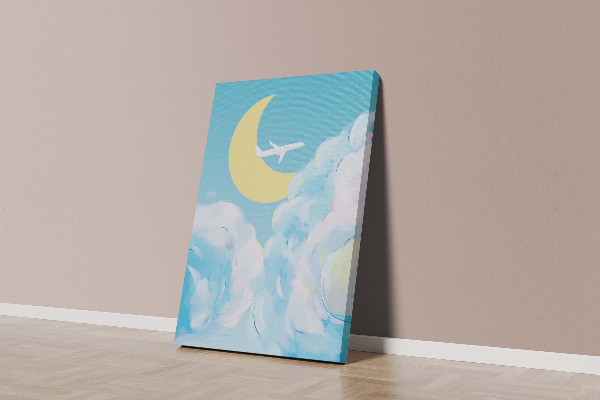 Scenic sky illustration with airplane and crescent moon