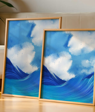 Olas oceánicas hermosas bajo un cielo nublado en una obra de arte