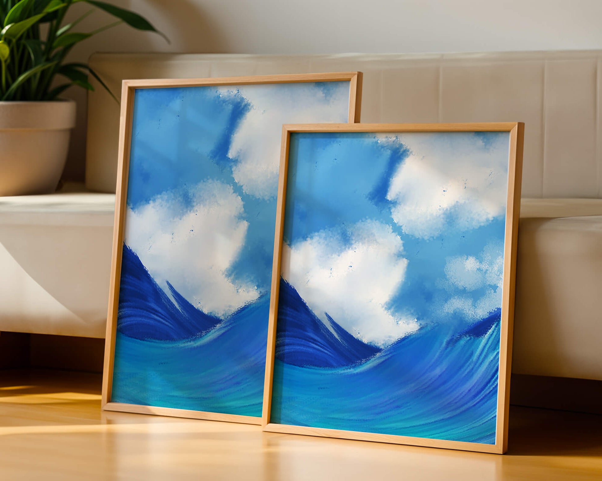 Beautiful ocean waves under a cloudy sky artwork