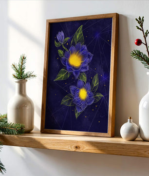 Floral Art with Blue and Yellow Lotus Design on Starry Background