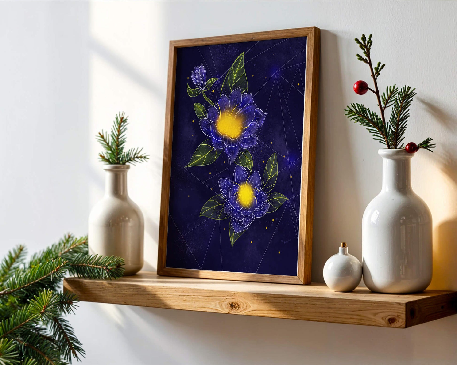 Floral Art with Blue and Yellow Lotus Design on Starry Background