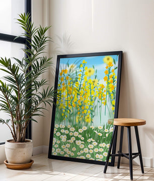 Frühlingwiese mit blühenden gelben und weißen Blumen