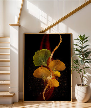 Art abstrait floral avec des feuilles de gingko dorées et un fond sombre