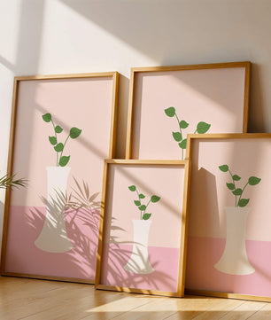 Simple Minimalist Illustration of a White Vase with Green Leaves on a Pink Background - Mi tienda