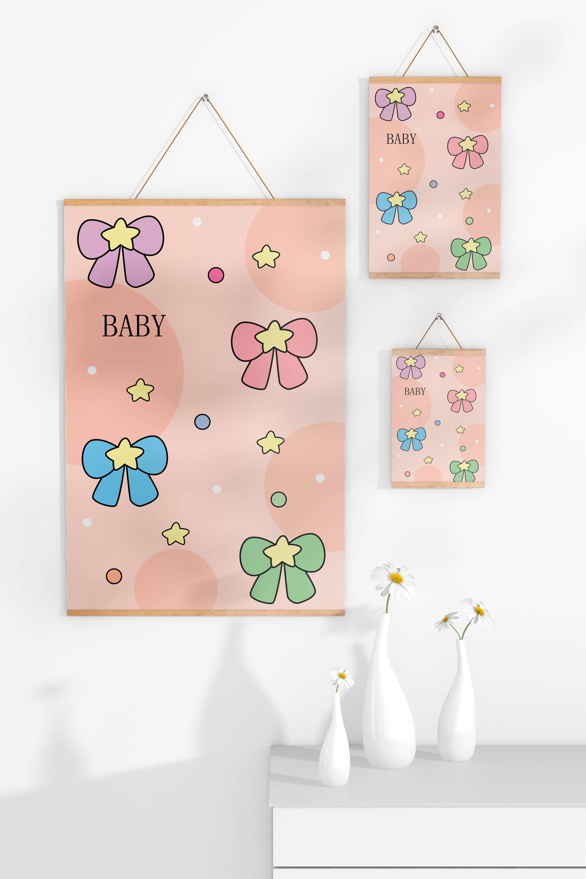 Colorful baby-themed backdrop with bows and stars