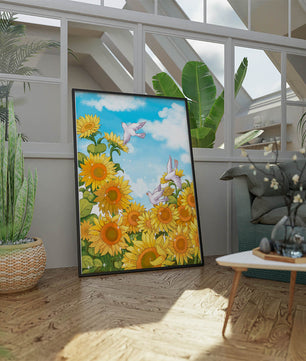 Friedliche Szene mit Sonnenblumen und Tauben unter einem strahlend blauen Himmel