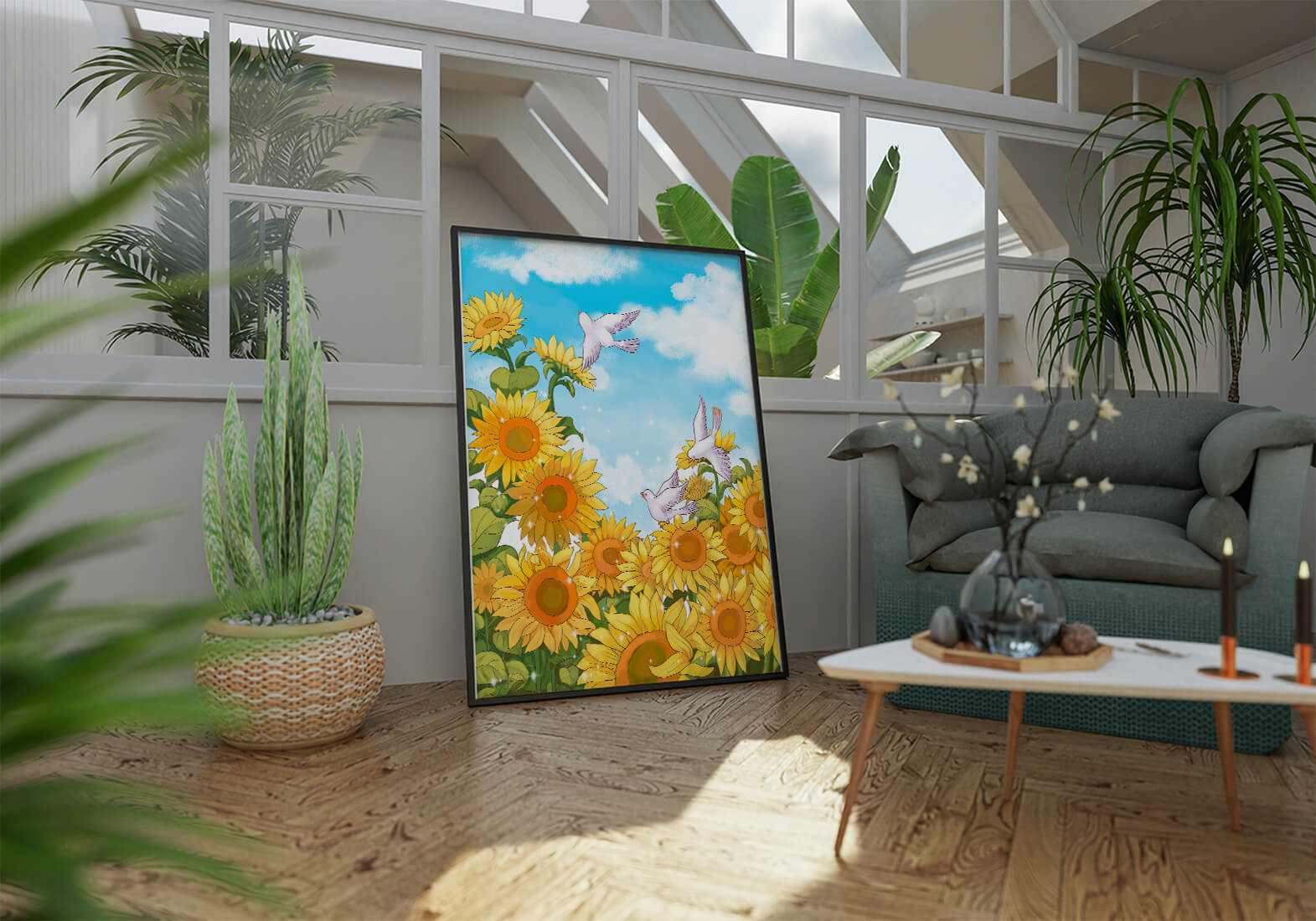 Friedliche Szene mit Sonnenblumen und Tauben unter einem strahlend blauen Himmel