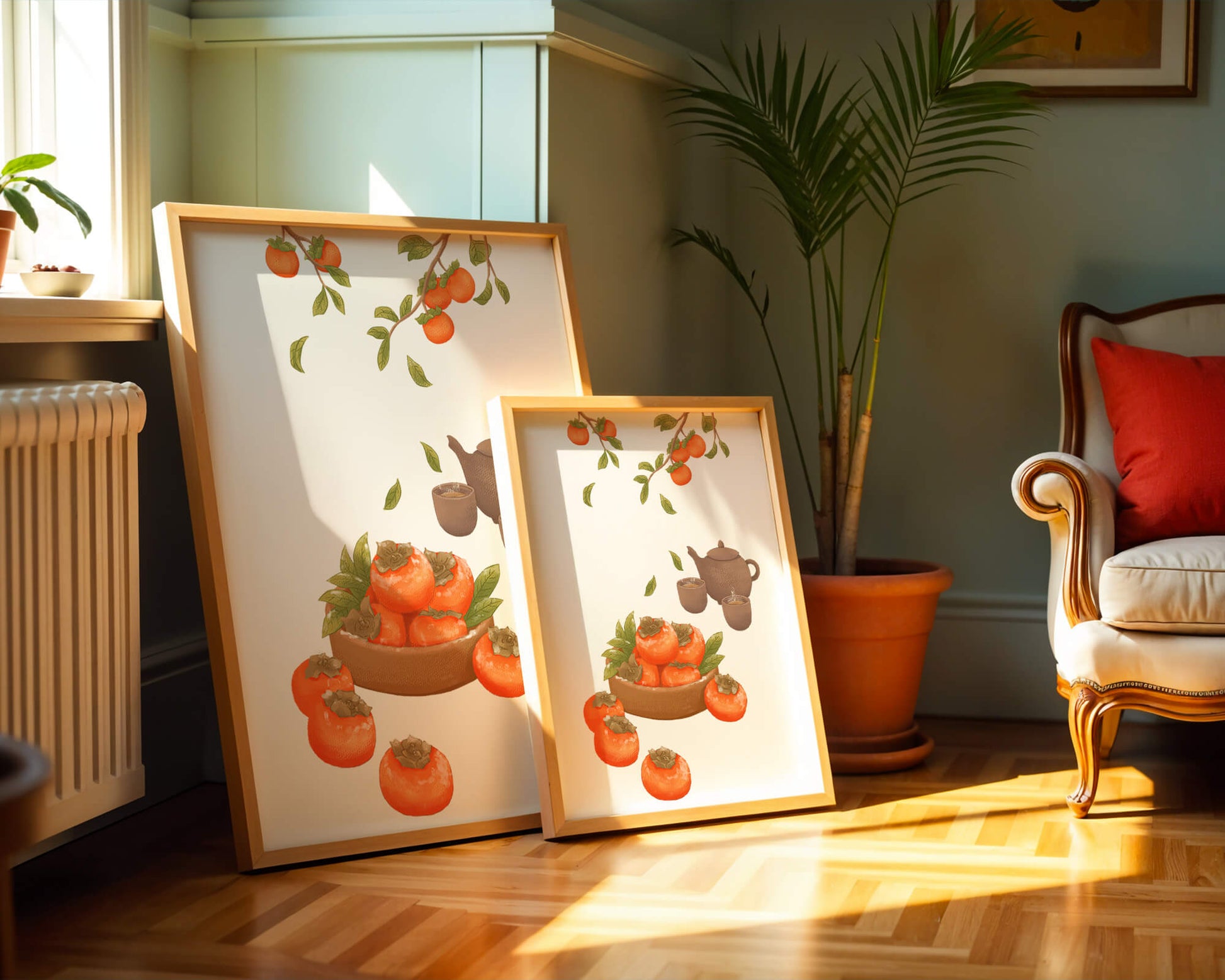 Cozy tea setting with persimmons and branches