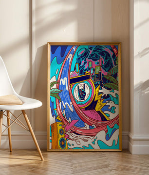 Vibrant abstract art with waves and neon elements
