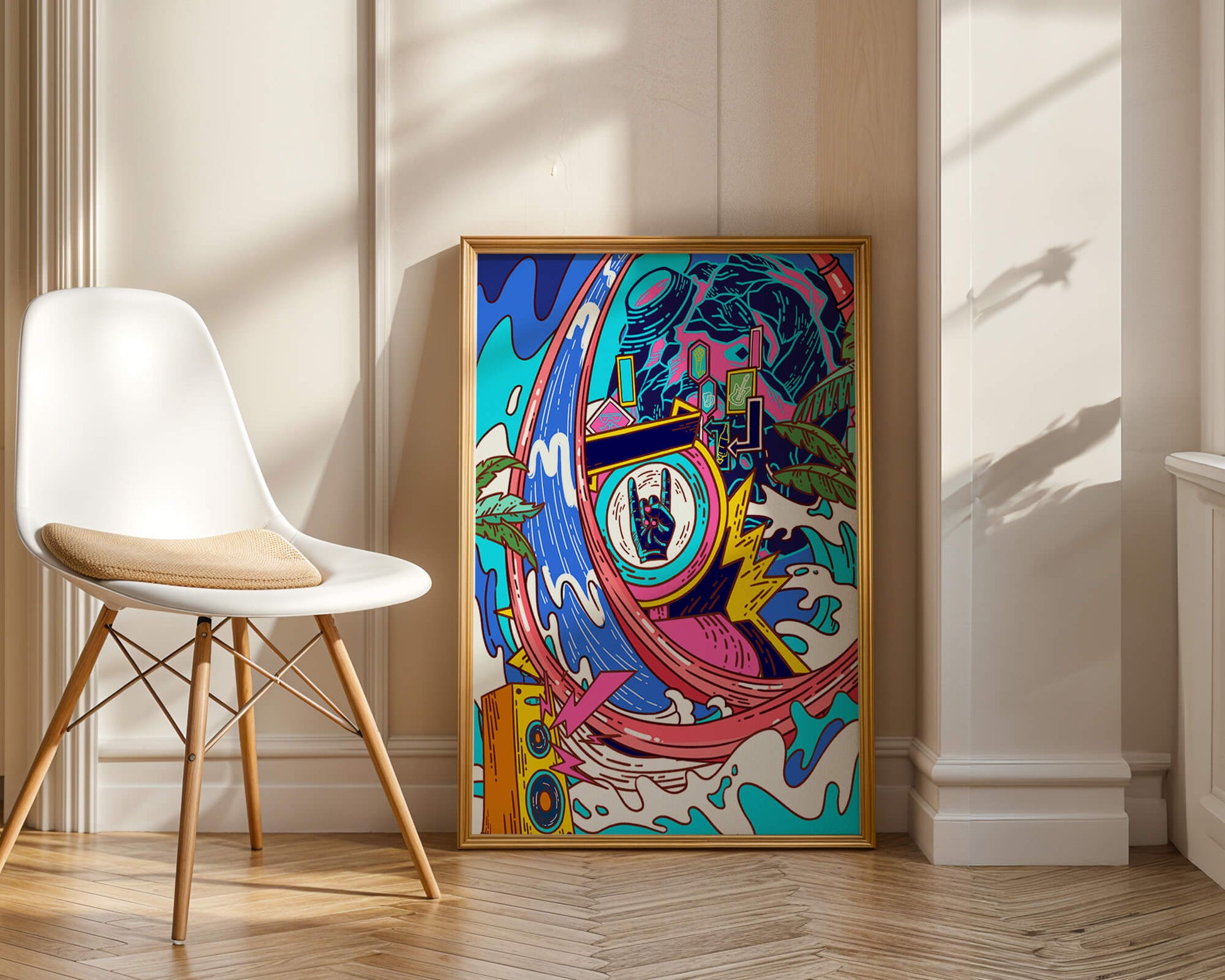 Vibrant abstract art with waves and neon elements