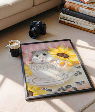 Hámster adorable en una taza de té con girasoles y semillas