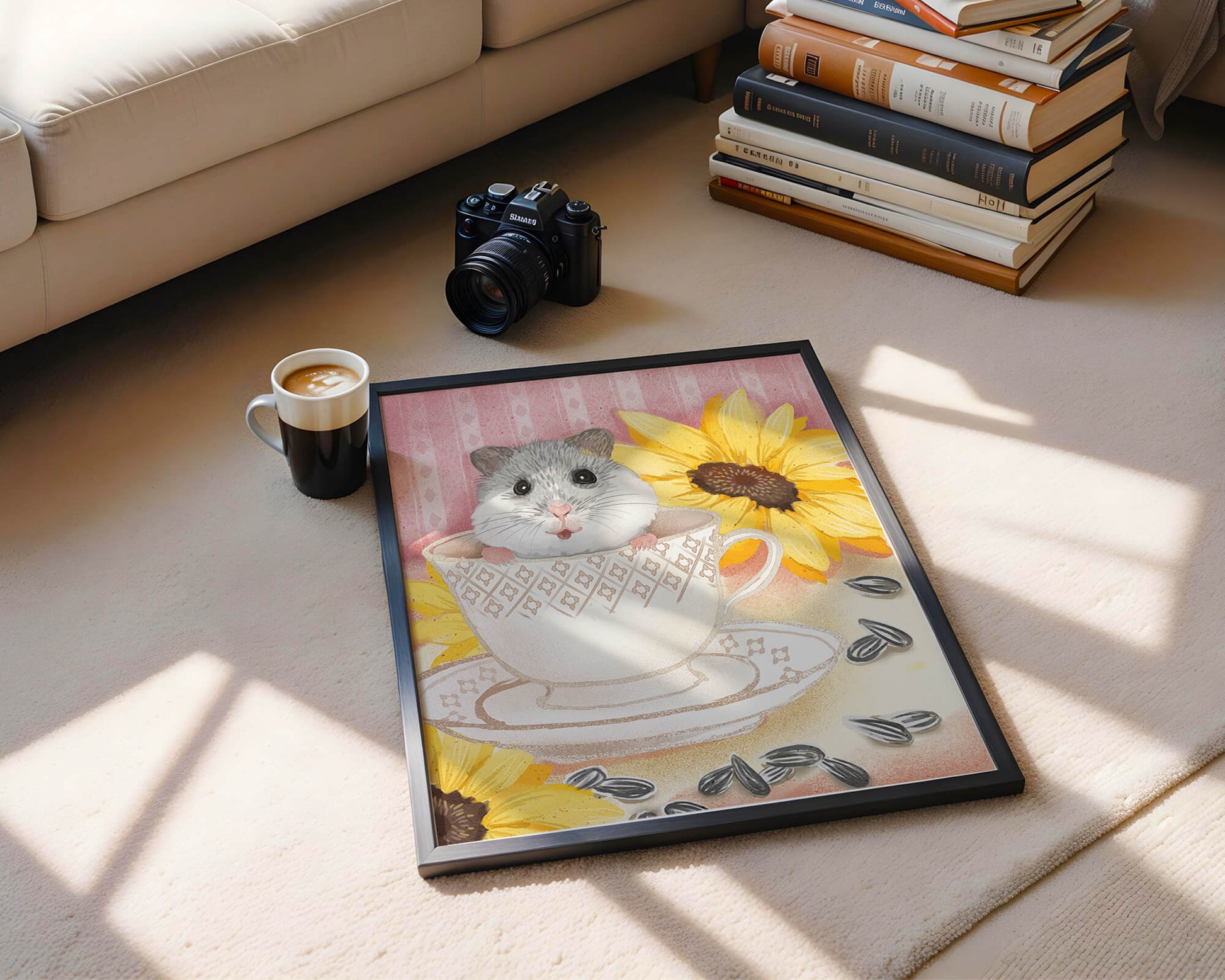 Adorable hamster in teacup with sunflowers and seeds
