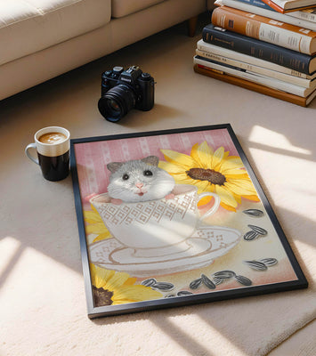Adorable hamster in teacup with sunflowers and seeds