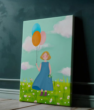 Girl with balloons in a field of daisies under a blue sky