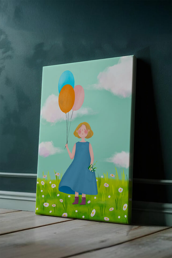Girl with balloons in a field of daisies under a blue sky