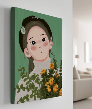 Illustration of a girl with flowers and a beret on a green background
