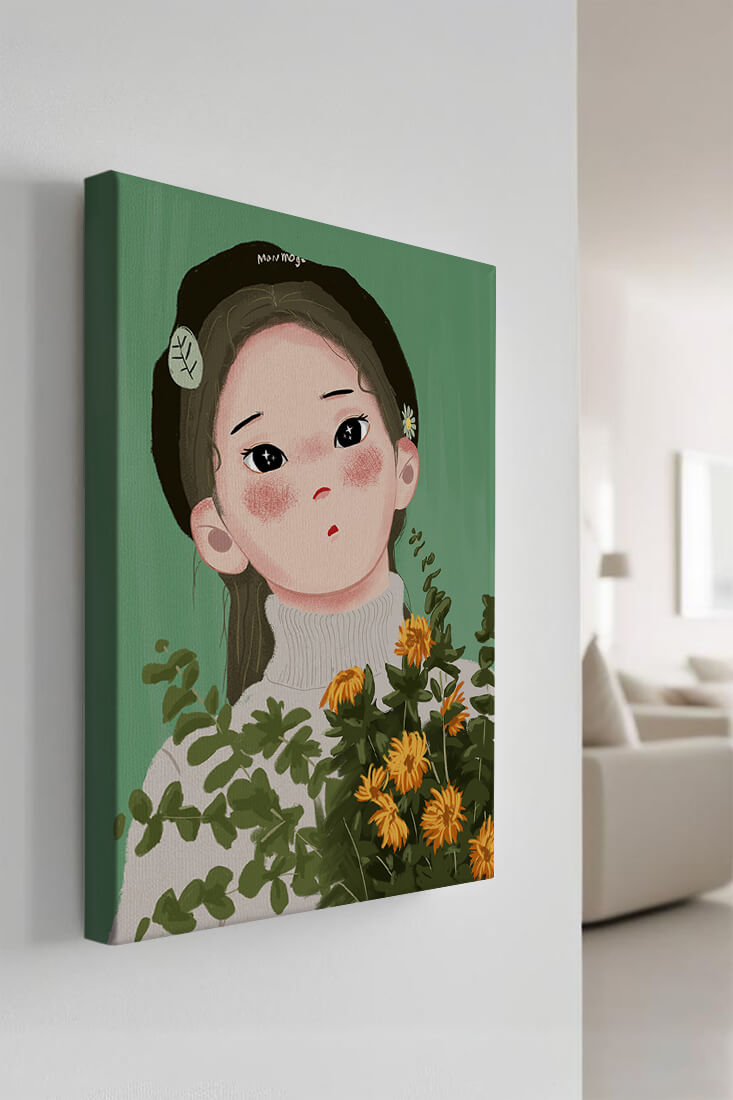Illustration of a girl with flowers and a beret on a green background