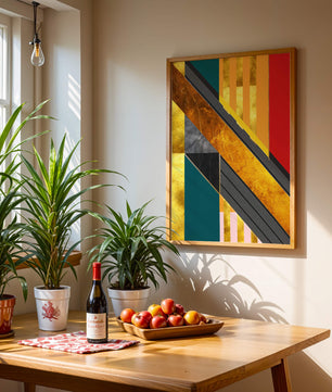 Abstract geometric design with gold accents and vibrant colors