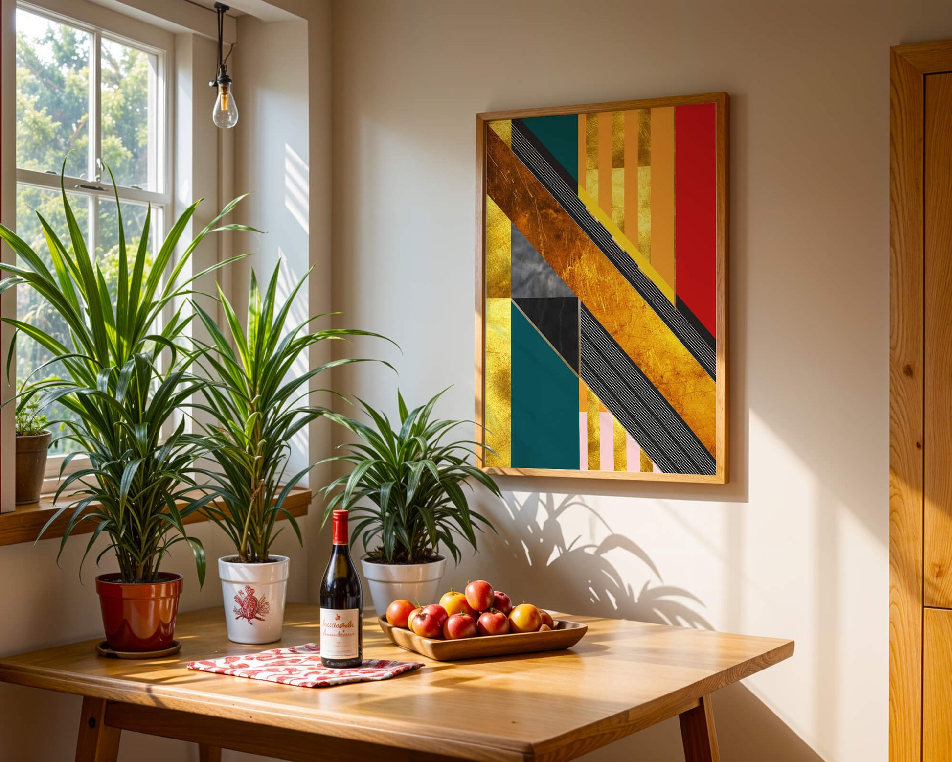 Abstract geometric design with gold accents and vibrant colors