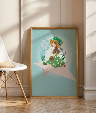 Mujer en un avión de papel con fondo de tema tropical