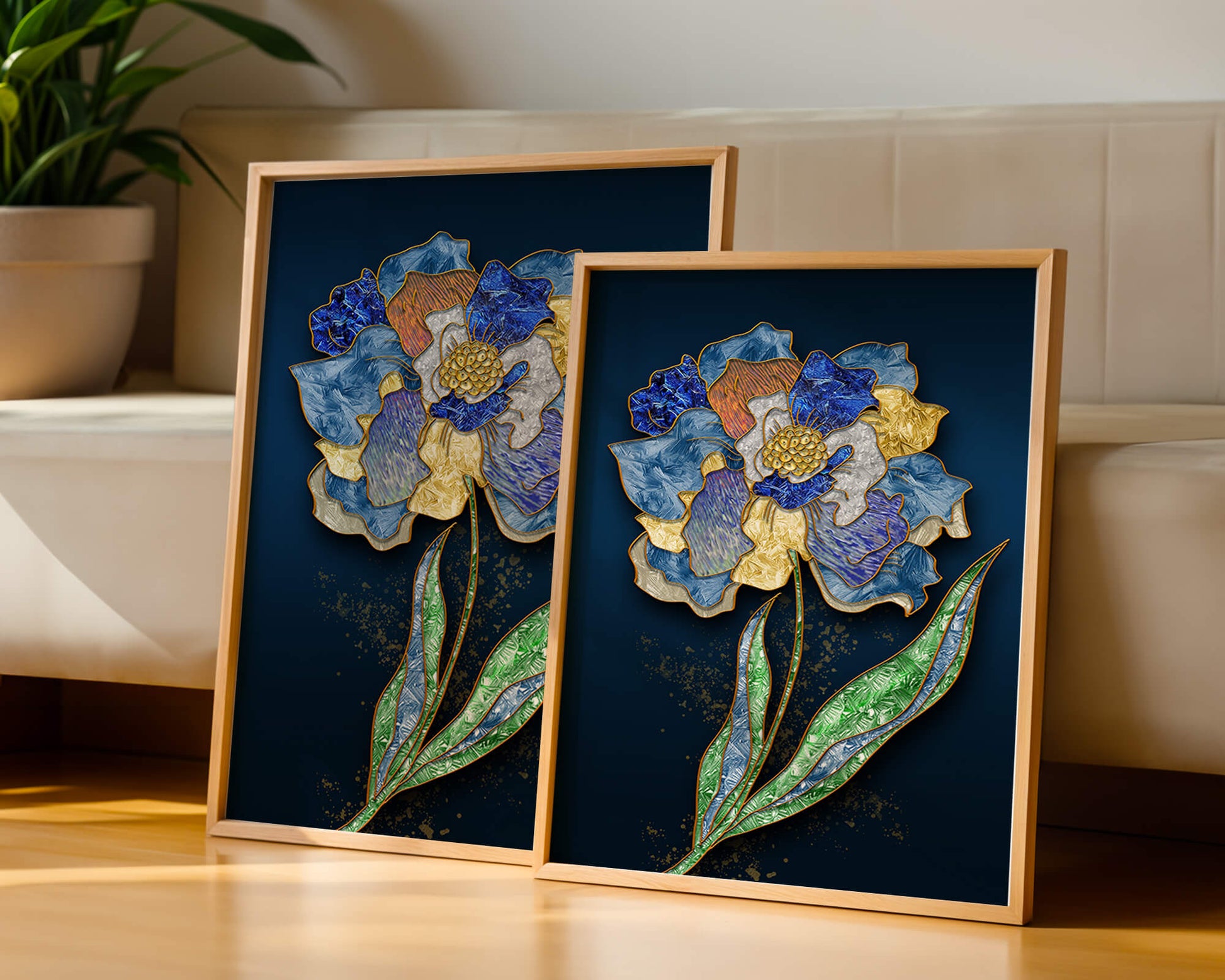 Diseño floral texturizado y colorido con contornos dorados sobre fondo oscuro