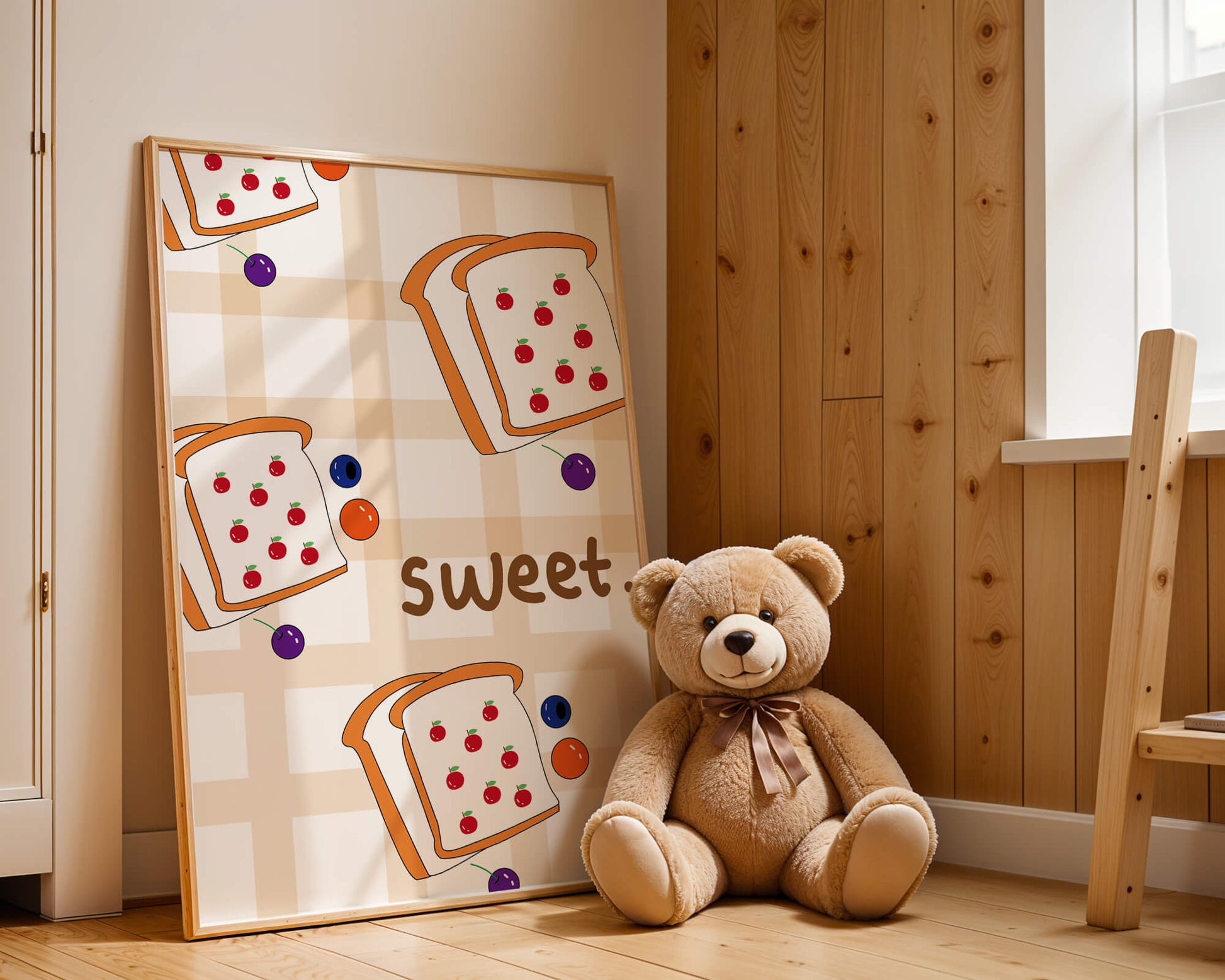Playful toast pattern with fruit decor and text