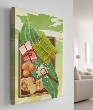 Traditional dumplings wrapped in leaves with ingredients on a vibrant background