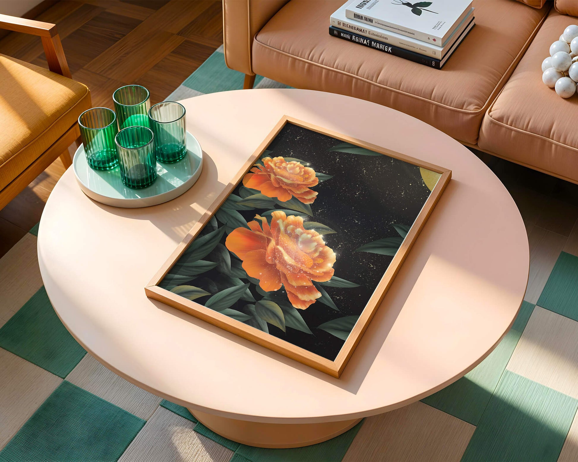 Fantasía floral elegante con flores naranjas vibrantes y un brillo dorado