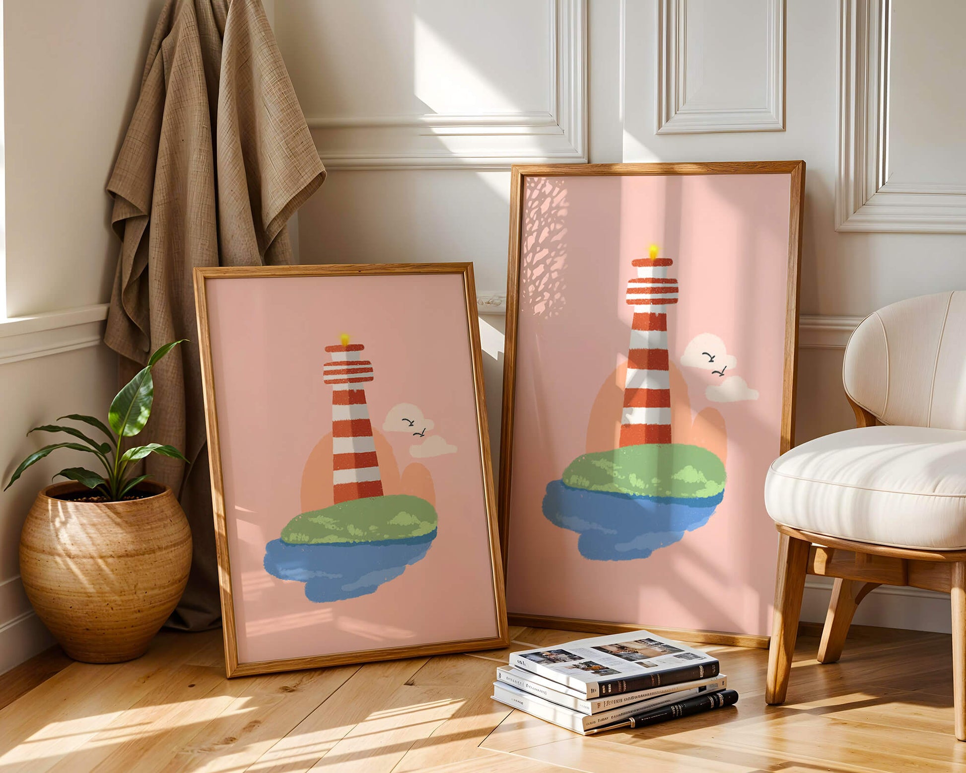 Ilustración encantadora de un faro con un entorno costero tranquilo