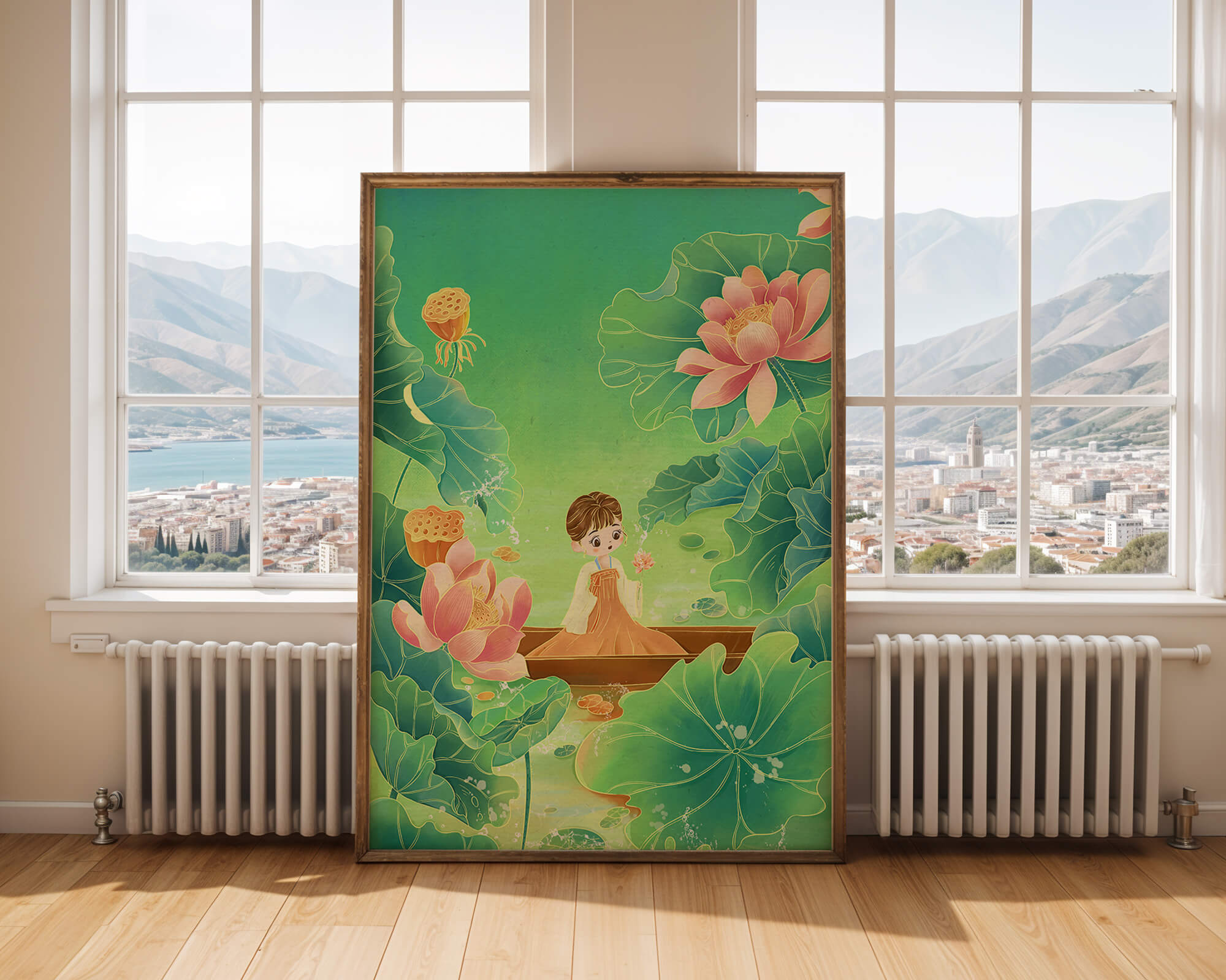 Serene illustration with girl among lotus flowers and green leaves