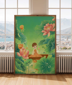 Serene illustration with girl among lotus flowers and green leaves