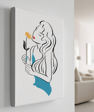 Ilustración estilizada de una mujer con una flor y elementos abstractos