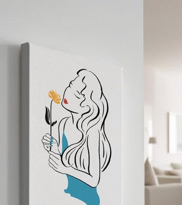 Stylized illustration of a woman with a flower and abstract elements