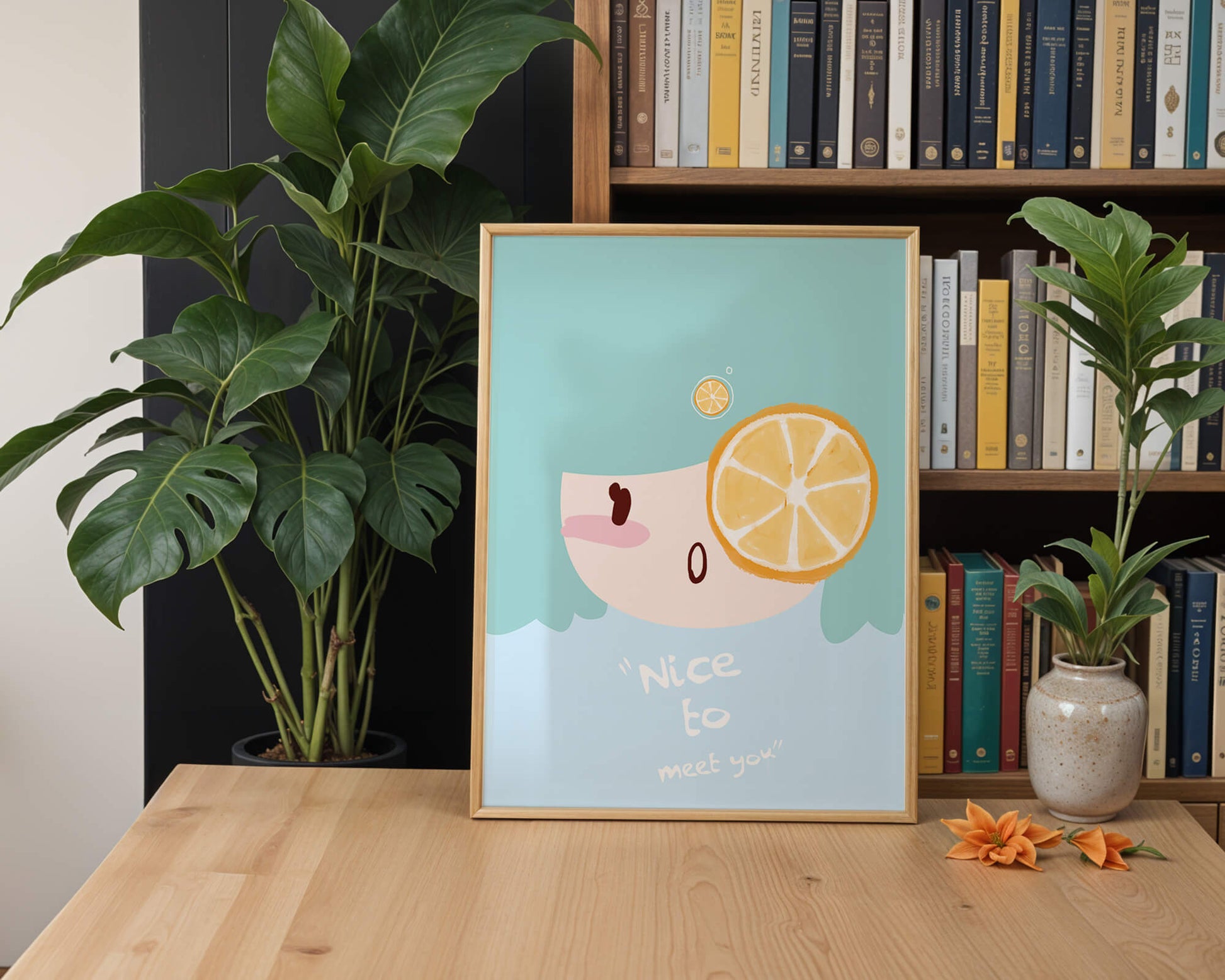 Playful Illustration of a Cartoon Face with Citrus Accent