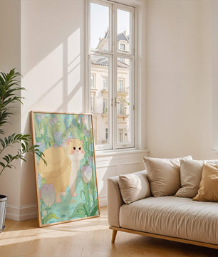 Charmante illustration d’un chat dans un jardin luxuriant de tulipes