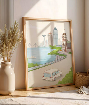 Scenic coastal cityscape with modern buildings and a classic clock tower