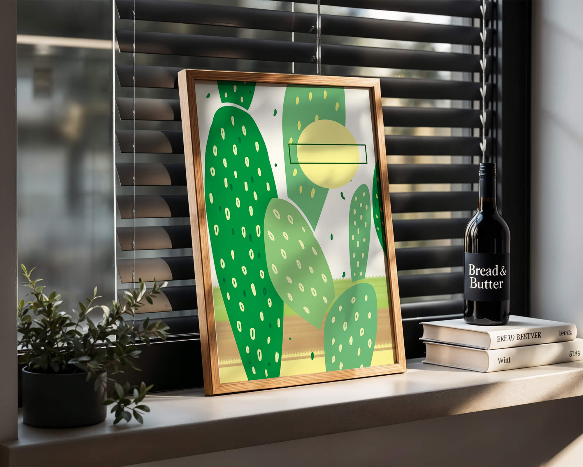 Abstract cactus art with green and yellow elements